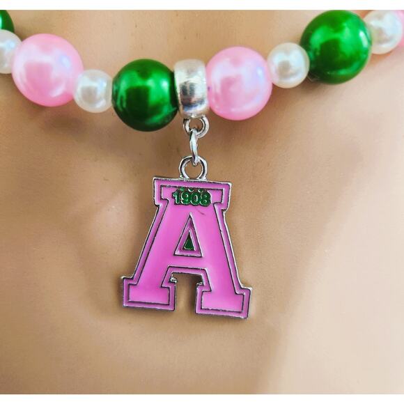 AKA Alpha Kappa Alpha Jewelry Set Pink and Green Necklace, Earrings, Bracelet - Picture 5 of 6